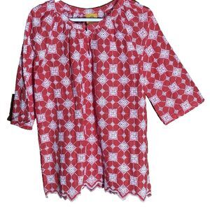 Ruby Rd. Red & White Flower Embroidery Detail Single Stitch size M Cotton Vintag